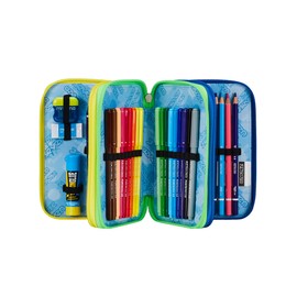 Seven School Pencil Case with 3 Compartments, Blue, Light Route, Pencil Holder with Three Compartments, Complete with Pens, Pencils, Colours, Accessories, Backpack, Primary School, Medium, Top, Kids