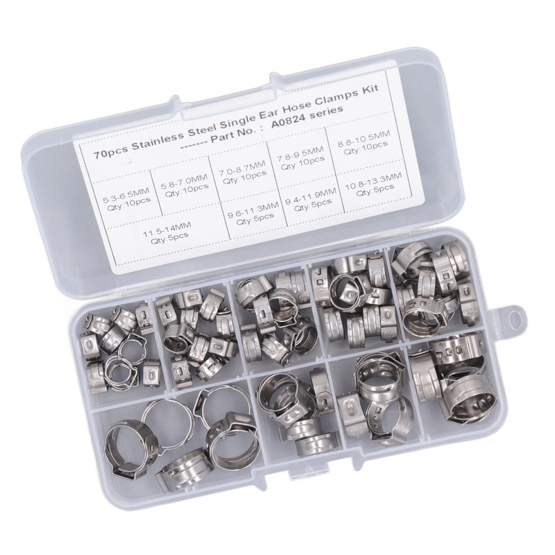 70Pcs Single Ear Hose Clamp Kit Stainless Steel Stepless 9