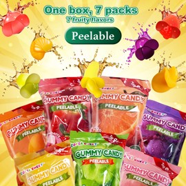 7 Friuts in 7 Packs Assorted Gummy Candies Individually Wrapped, Peelable Fruit-Shaped Gummies Candy made with Real Fruit Juice (≥30%), Chewy Peeling Candy Gummy Snacks Net 350g/12.35oz
