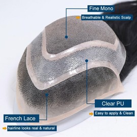 Hombres Tupé for hombre de 30 cm, sistema capilar con encaje frontal francés, base piel sintética y monocromático Postizo
