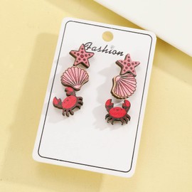 Zeshimb Bohemian Starfish Seashell Crab Turtle Earrings Set Wooden Printed Pattern Stud Earrings Ethnic Ocean Statement Earrings Jewelry for Women