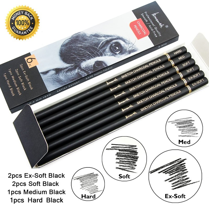 Brusarth Professional Charcoal Pencils Drawing Set - 6 Pieces Soft