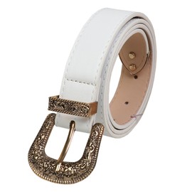 JK Home Retro Floral Carved Metal Buckle Cowgirl Belt, 28mm Wide PU Leather Western Vintage Hollow Out Flower Buckle Cowboy Belt Adjustable Unisex Waistband for Jeans Pants Dresses Gold White