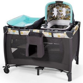 HONEY JOY 5-in-1 Pack and Play with Bassinet, Infant Nursery Center Pack and Play w/Newborn Cradle & Hanging Toys, Diaper Storage Bag, Music, Carry Bag, Portable Baby Playard w/Changing Station (Blue)