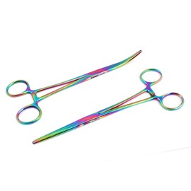 OdontoMed2011 Set of 2 Multi Color Rainbow Pean Hemostat Forceps 8" Straight & Curved Pliers Stainless Steel Multi Color Rainbow Color Hemostat Forceps ODM