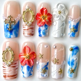 Handmade Press On Nails, 3D Floral Ocean Design, Medium Long Square, Gold Frame Embellished, Pearl Accents, Blurring Reusable False Nail Set (Azure, L)