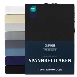 Dreamzie Premium fitted sheet 100 x 200 cm, fitted sheet for thick mattresses up to 22 cm, bed sheet 100% jersey cotton, 150 g/m², Oeko-Tex certified - black