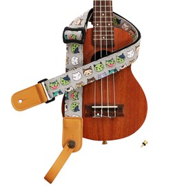 MUSIC FIRST Original Design Cute Cartoon “Watermelon Cat” Soft Canvas & Genuine Leather Ukulele Strap Ukulele Shoulder Strap With a MUSIC FIRST Genuine Leather Strap Locker