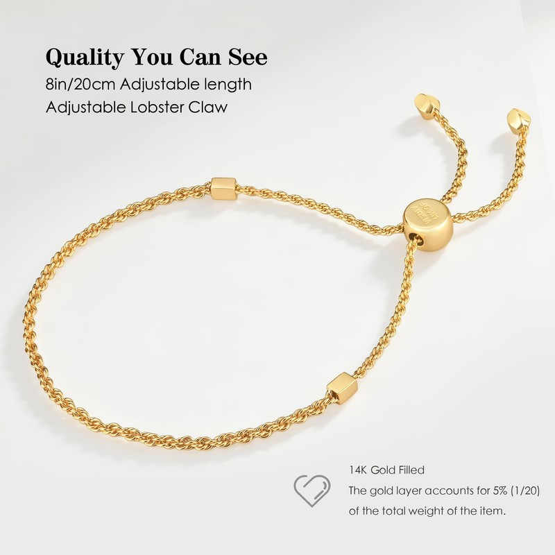 Gold Bracelets for Women 14k Gold Filled Adjustable Twisted Rope