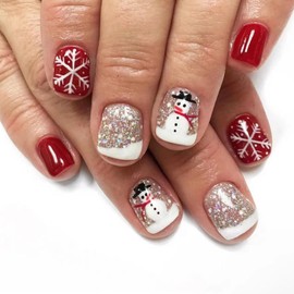 Cute Snowman Snowflake False Nails Winter Christmas Press on Nails Short Square Acrylic Glue on Nails with Glitter Design Glossy Xmas Fake Nails for Women Girls