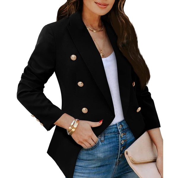 CRAZY GRID Womens Double Breasted Blazer Jackets Open Front Business Casual Suit Jacket Long Sleeve Dressy Blazer Lapel Gold Button Ladies Work Office Blazer Black Large
