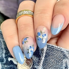 24PCS Blue Flower Press On Nails – Full Coverage Acrylic False Nails with French Tip, Medium Almond Shape, Blue Gradient Spring/Summer Design, 12 Sizes with Accessory Tools