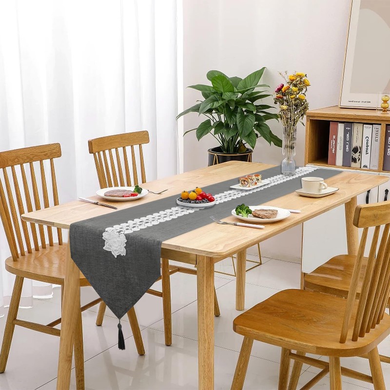 SANLEHAUSE Table Runner Gray 40 x 220 cm Linen ,Embroidered