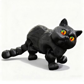 3D Printed Articulated Cat, Cute Fat Persian Cat Doll,3D Printed Animals Fidget Toys Decor for Stress Relief, Stocking Stuffers, Desktop Decoration (Black)