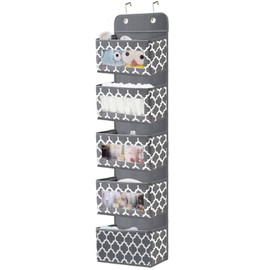 Over The Door Hanging Organizer - Pantry Closet Storage Organizer with 5 Large Pockets, 2 Thick Hooks for Baby Diaper, Nursery Clothes, Bathroom, Cruise, Bedroom, Kitchen, 12.2” 5” 49.6” (Grey)