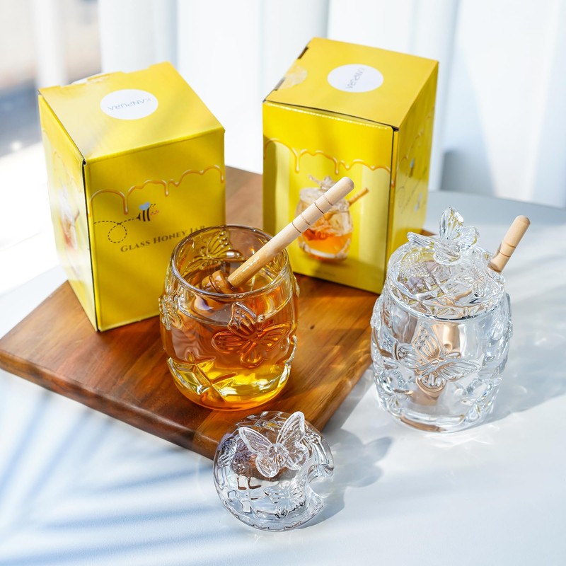 kanpura Clear Crystal Honey Jar with Dipper and Lid, Honey