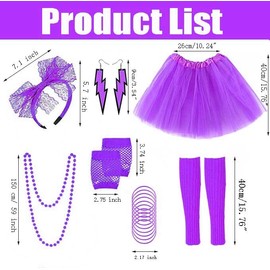 PINEPAN 80s Clothing Women's Skirt Neon Necklace Bracelet Earring Gloves Lace Headband 80s Outfit Neon Party Purple