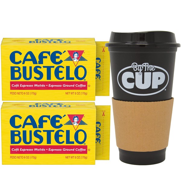 Café Bustelo Espresso molido, 6 onzas de ladrillo (paquete de 2) con taza de viaje de The Cup