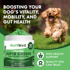 WuffWell Dog Greens Superfood Powder | Natural Supplement with Spirulina, Chlorella, Moringa, Glucosamine & Turmeric | Supports Joint, Immune, Digestive & Skin Health | Tasty Beef-Flavored | USA Made