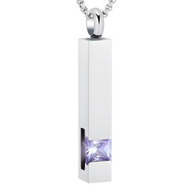 12 Birthstone Bar Cremation Necklace for Women Men Stainless Steel Memorial Urn Jewelry Hold Ashes Keepsake Pendant (Little Purple Stone)