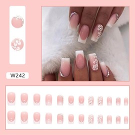 24Pcs Medium Square Fake Nails French Tip Press on Nails, Glossy Glue on Nail Full Cover False Nails with Rhinestones & Flowers Designs Medium White Nail Tips Pink Acrylic Nails for Women Girls