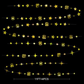 Gold 80th Birthday Decorations, Number 80 Circle Dot Twinkling Star Streamer, Metallic Hanging Streamer, Background, for 65th Birthday Party Supplies