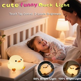 HAPPYBAG Cute Pea Duck Night Light,Duck Lamp,2 Levels Dimmable Silicone Ducky Light,LED Squishy Animal Lights for Kids Sleep,Rechargeable Bedside Touch Lamp, Kids Room Decor Gift Toy