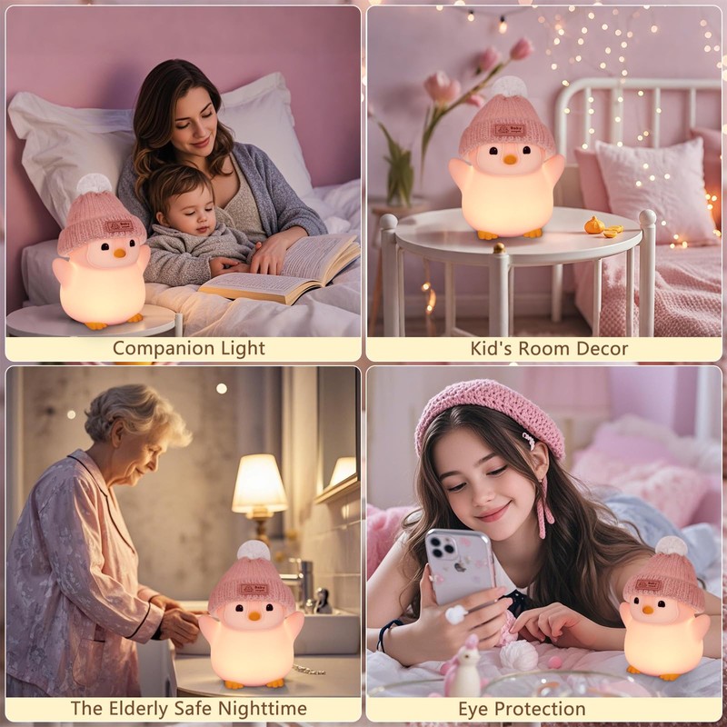 FAMIDUO Penguin Night Light, Cute Pink Penguin Lamp with Knit