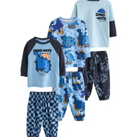 NEXT Oversized Fit Cotton Pyjamas Pack of 3, Orange/Navy Dinosaur