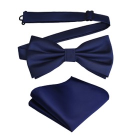 Branduce Juego de pajarita y bolsillo cuadrado de color sólido para hombre, Azul marino, general