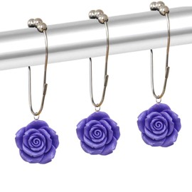 Rose Shower Curtain Hooks Rust Proof Fashion Floral Decor Bathroom Rings, Resin Rose Flower Curtain Hooks, Set of 12 (Purple)