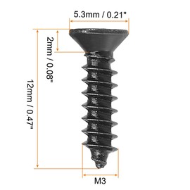 TA-VIGOR 200Pcs Self Tapping Screws, M3 Phillips Flat Head Screw, 12mm Countersunk Cross Head Tapping Screws, Carbon Steel Machine Wood Fasteners Bolts for Wood, Drywall, Furniture, Repairing, Black
