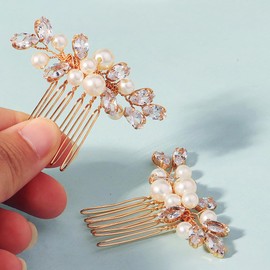 2 Piece Pearl Wedding Hair Comb Crystals Pearls Clips Bridal Hair Accessories for Women Brides Bridesmaid Gold