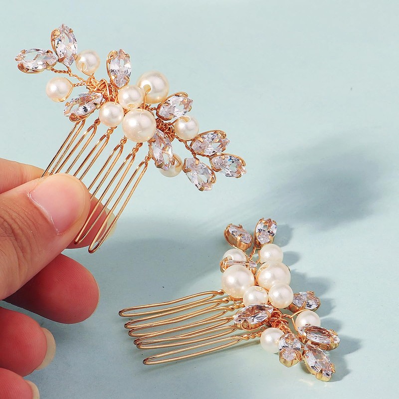2 Piece Pearl Wedding Hair Comb Crystals Pearls Clips Bridal