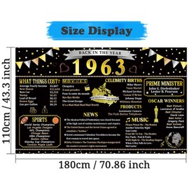 Trgowaul 1963 60th Birthday Decorations Women Men, Back in 1963 Birthday Poster Banner, Black Gold 60 Year Ago Bday Party Supplies, Vintage 1963 60th Anniversary Class of 1963 Reunion Photo Background