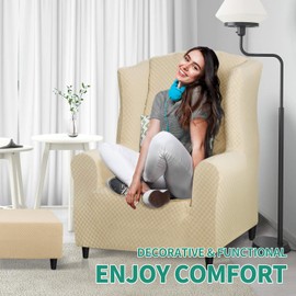 YEMYHOM 1 Piece Stretch Wingback Chair Slipcover Latest Jacquard Design Wing Chair Cover Non Slip Furniture Protector with Foam Rods for Living Room (Wing Chair, Beige)