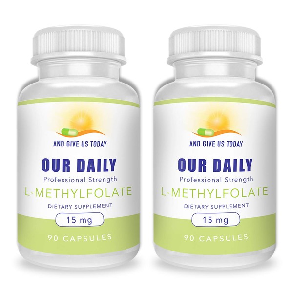 L-Methylfolate 15mg (2 Bottles) - 180 Capsules - Professional Strength Active Methyl Folate - 5-MTHF Supplement - Non GMO, Gluten Free, No Fillers