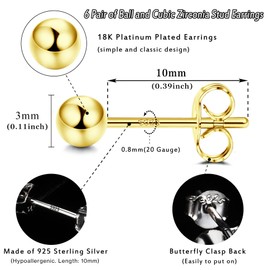 Dochais Gold Womens Studs 925 Sterling Silver Needle Ear Studs Earring Sets for Women,Diamond Earrings Men Hypoallergenic 6 Pairs Men Earrings Gold Studs Earrings for Women
