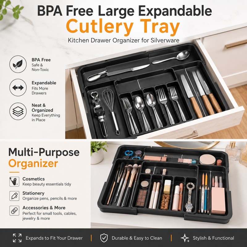 Expandable Silverware Organizer for Kitchen Drawers – 7-Compartment BPA-Free Cutlery