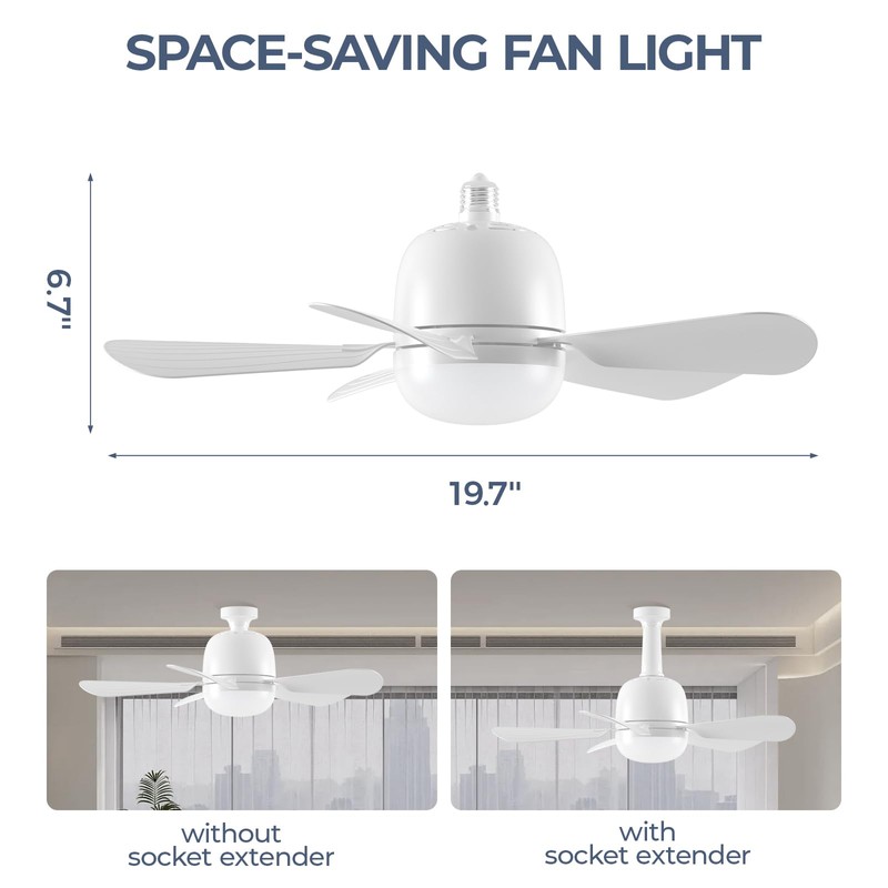 Socket Fan Light with Remote, 1500 Lumens Ceiling Fans with