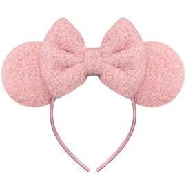 Trnerm Pink Mouse Ears Headband for Women, Soft Plush Park Ears Cute Birthday Hair Bands