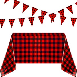 2 Pieces 51x71 Inch Buffalo Plaid Tablecover Plastic Rectangle Checkered Tablecloth with 2 Pack 26 ft Large Triangle Pennant Banner Holiday Cottage Decorations for Picnic Birthday Party