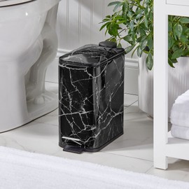 mDesign Slim Metal Rectangle 1.3 Gallon/5 Liter Trash Can with Step Pedal, Easy-Close Lid, Removable Liner - Narrow Wastebasket Garbage Container Bin for Bathroom, Bedroom, Kitchen - Black Marble