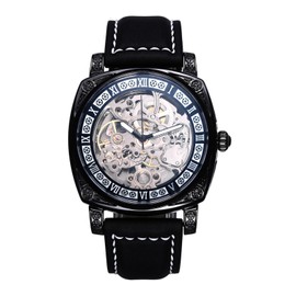 JewelryWe Men's Automatic Mechanical Watch 30 m Waterproof Analogue Automatic Watch Automatic Watch Men's Black Genuine Leather Strap Skeleton Watch, Steampunk - Black