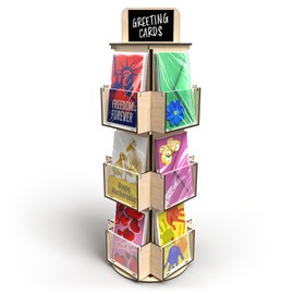 DS THE DISPLAY STORE 3-Tier Natural Wooden Rotating Greeting Card Display Stand for Retail – Fits 5x7 Cards with Envelopes – Postcard Display - Sticker Display- Card Display Rack for Vendors