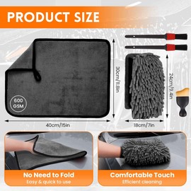 flintronic 8 Pcs Car Cleaning Kit with 3 Pack Microfibre Cleaning Cloth, 2 Microfiber Car Wash Mitts, 600GSM, 2 Detail Brush, 1 Dusting Brushes for Household, Washing, Care, Drying, Polishing