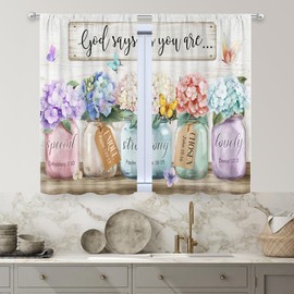 MESHELLY Spring Colorful Floral Kitchen Curtains 27.5Wx39H Inch Rod Pocket Farmhouse Rustic Flower Christain Bible Verse Plant Butterfly Art Printed Women Bedroom Living Room Window Drapes 2 Panels