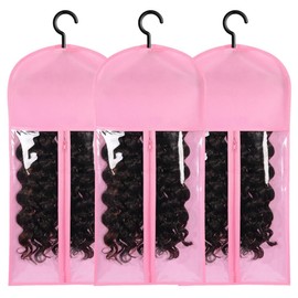 NISHZHU 3PCS Hair Extension Holder Wig Storage for Multiple Wigs Holder Wig Bags with Hanger Hair Extension Storage Pink