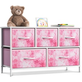 Sorbus Kids Dresser with 5 Drawers - Storage Chest Organizer Unit with Steel Frame, Wood Top, Easy Pull Fabric Bins - Long Wide TV Stand for Bedroom Furniture, Hallway, Closet & Office Organization