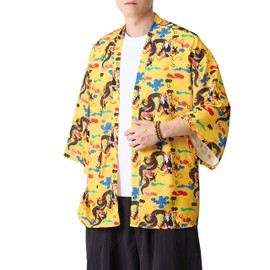 PRIJOUHE Kimono For Men Japanese Style Kimono Robe Jacket Lightweight Open Front Cardigan Seven Sleeve Yukata Coat